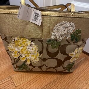 Coach Gold and Tan Floral Tote